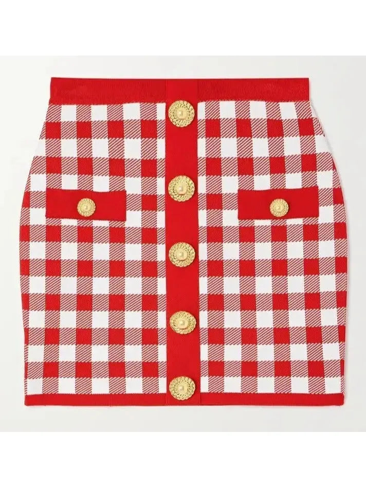 Cropped Button-Embellished Gingham Halter Top and Skirt Set Red & White - Suits & Sets