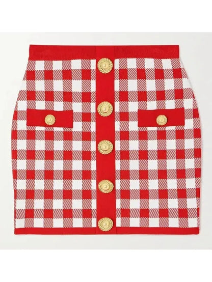 Cropped Button-Embellished Gingham Halter Top and Skirt Set Red & White - Suits & Sets