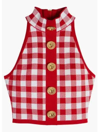 Cropped Button-Embellished Gingham Halter Top and Skirt Set Red & White - Suits & Sets