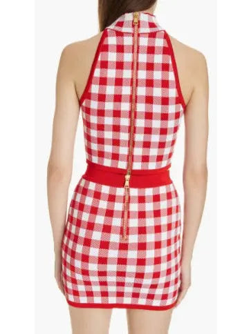 Cropped Button-Embellished Gingham Halter Top and Skirt Set Red & White - Suits & Sets