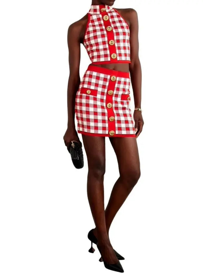 Cropped Button-Embellished Gingham Halter Top and Skirt Set Red & White - small - Suits & Sets