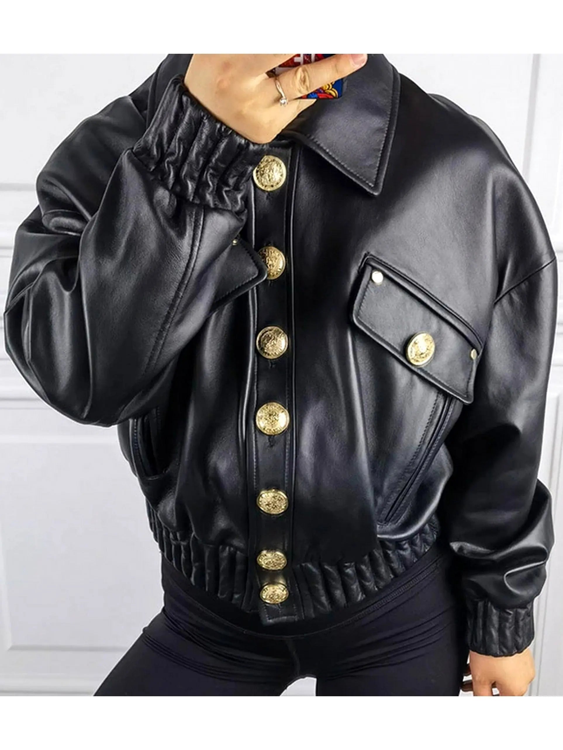 Cropped Buttoned Black Leather Jacket - Jackets