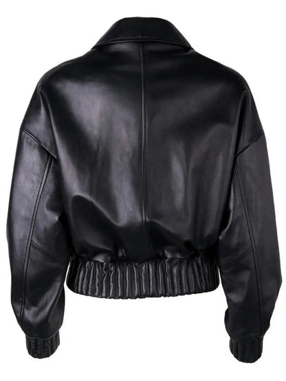 Cropped Buttoned Black Leather Jacket - Jackets