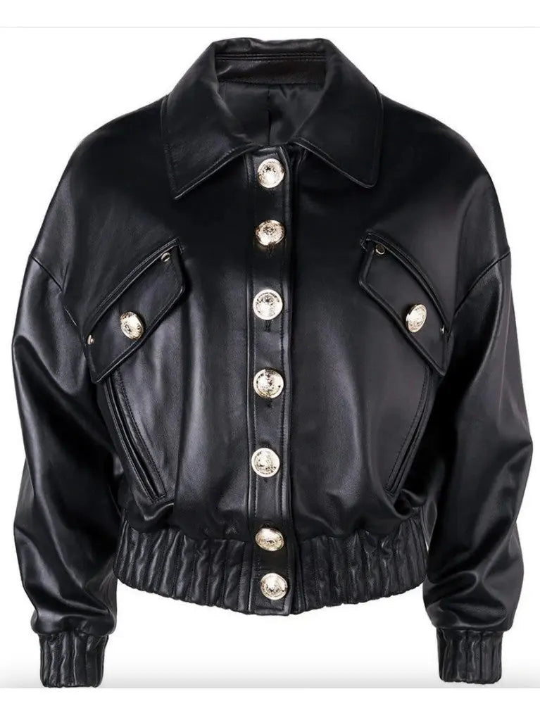 Cropped Buttoned Black Leather Jacket - Jackets