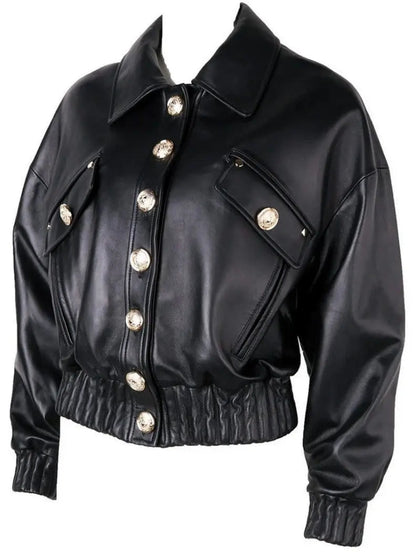 Cropped Buttoned Black Leather Jacket - Jackets