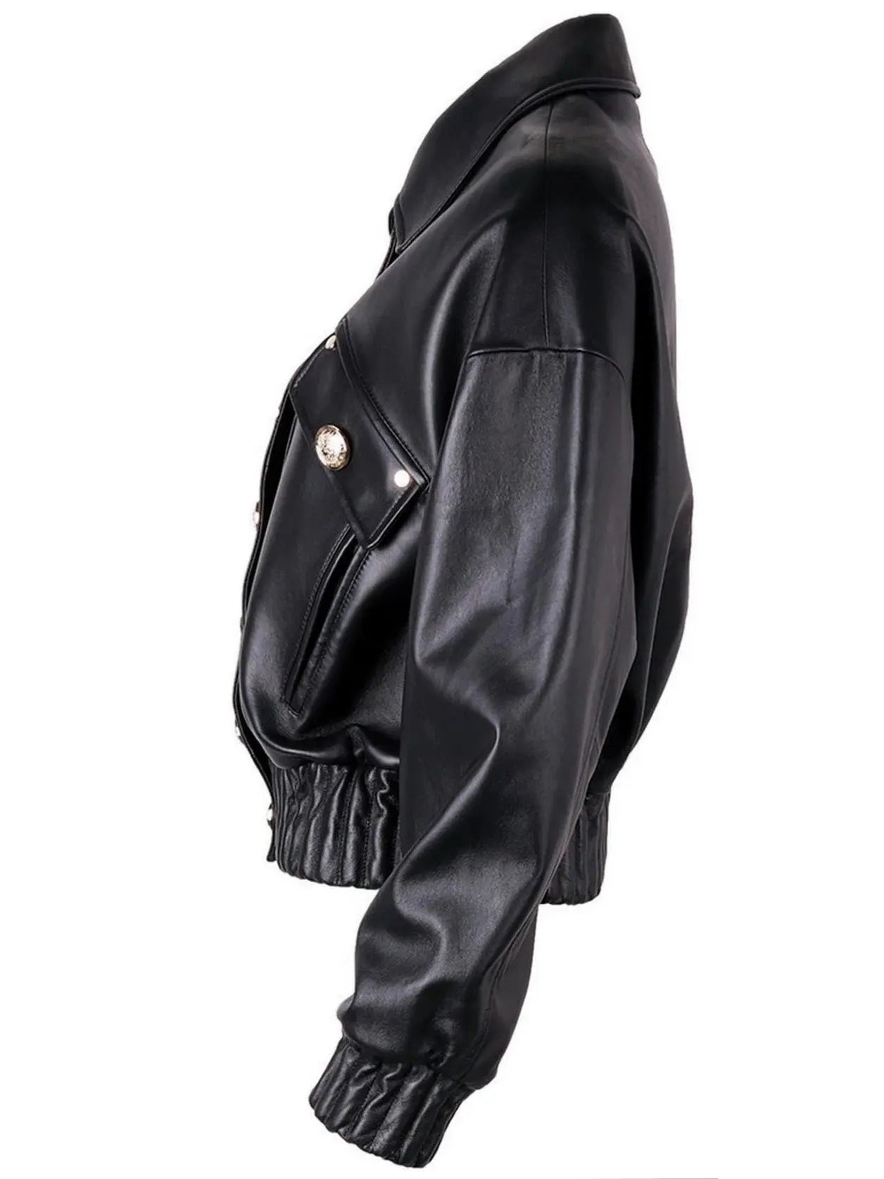 Cropped Buttoned Black Leather Jacket - Jackets