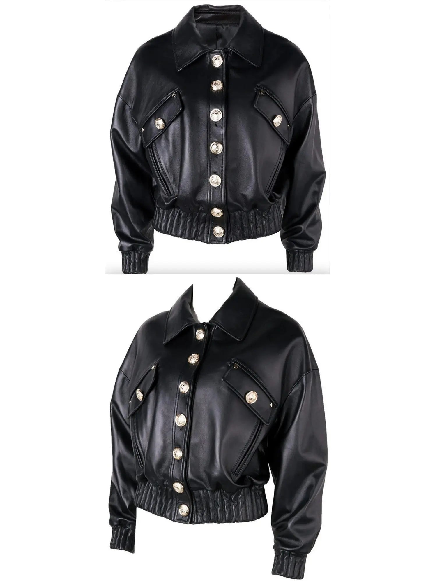 Cropped Buttoned Black Leather Jacket - s - Jackets