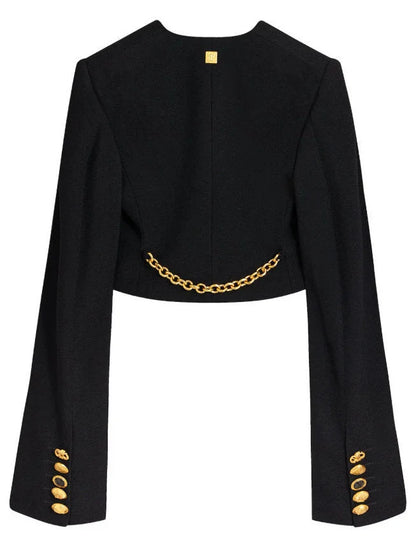 Cropped Collarless Jacket with Gold Ring Details - Jackets