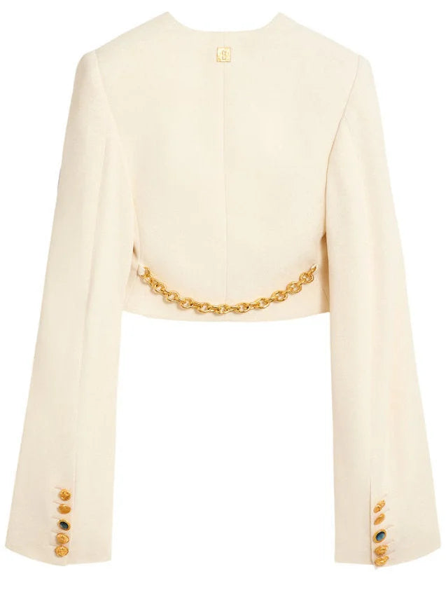 Cropped Collarless Jacket with Gold Ring Details - Jackets