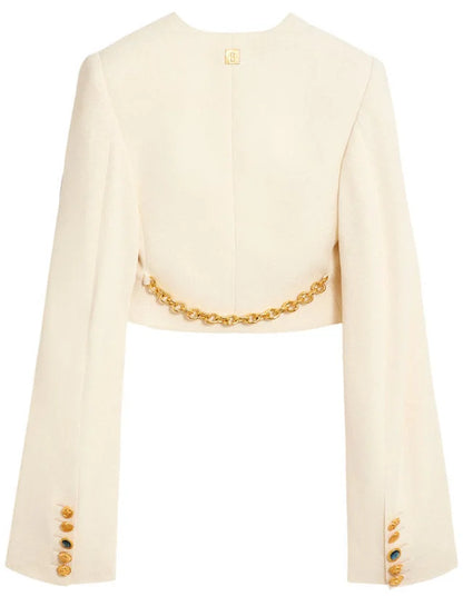 Cropped Collarless Jacket with Gold Ring Details - Jackets