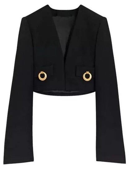 Cropped Collarless Jacket with Gold Ring Details - M / Black - Jackets