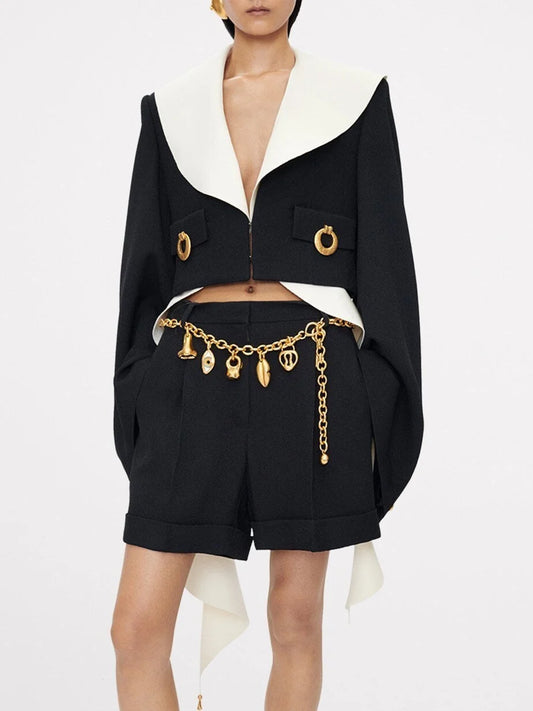 Cropped Collarless Jacket with Gold Ring Details - S / Black - Jackets