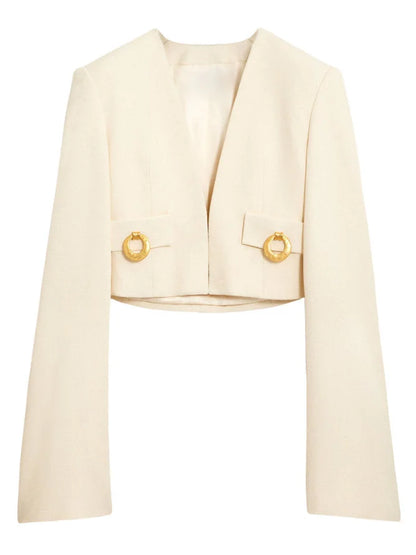 Cropped Collarless Jacket with Gold Ring Details - S / Cream - Jackets