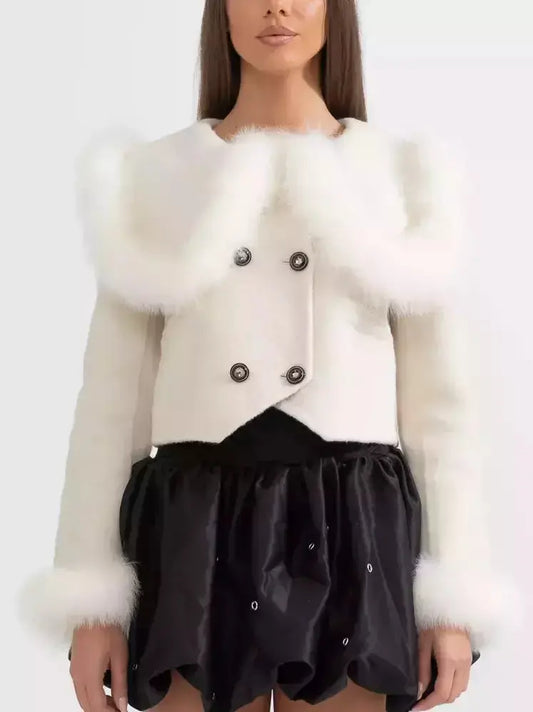 Cropped Double-Breasted Fur-Trim Wool Jacket - Jackets