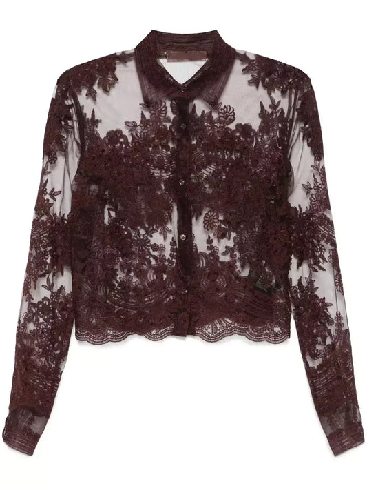 Cropped Embroidered Sheer Lace Shirt - Small - Tops
