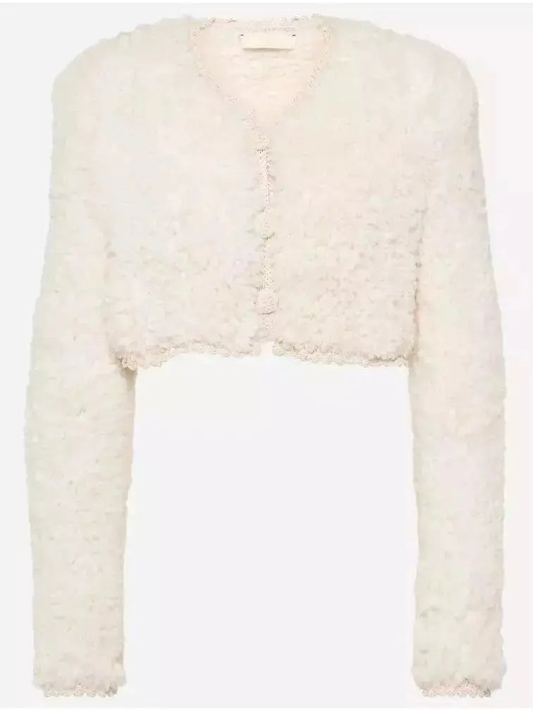 Cropped Fleece Crochet Cardigan - Sweaters & Knitwear