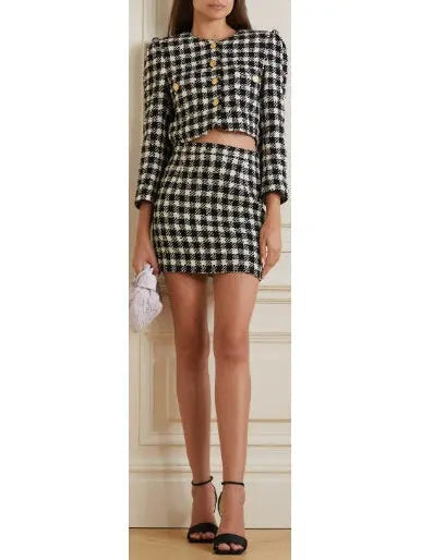 Cropped Houndstooth Tweed Jacket and Mini Skirt Set - s - Suits & Sets