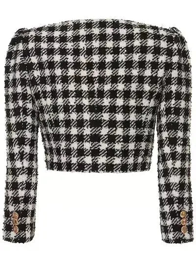 Cropped Houndstooth Tweed Jacket and Mini Skirt Set - Suits & Sets