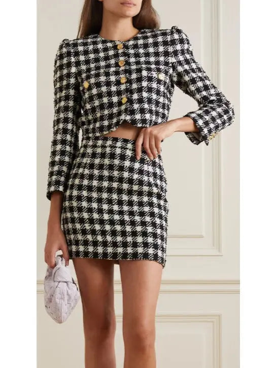 Cropped Houndstooth Tweed Jacket and Mini Skirt Set - Suits & Sets