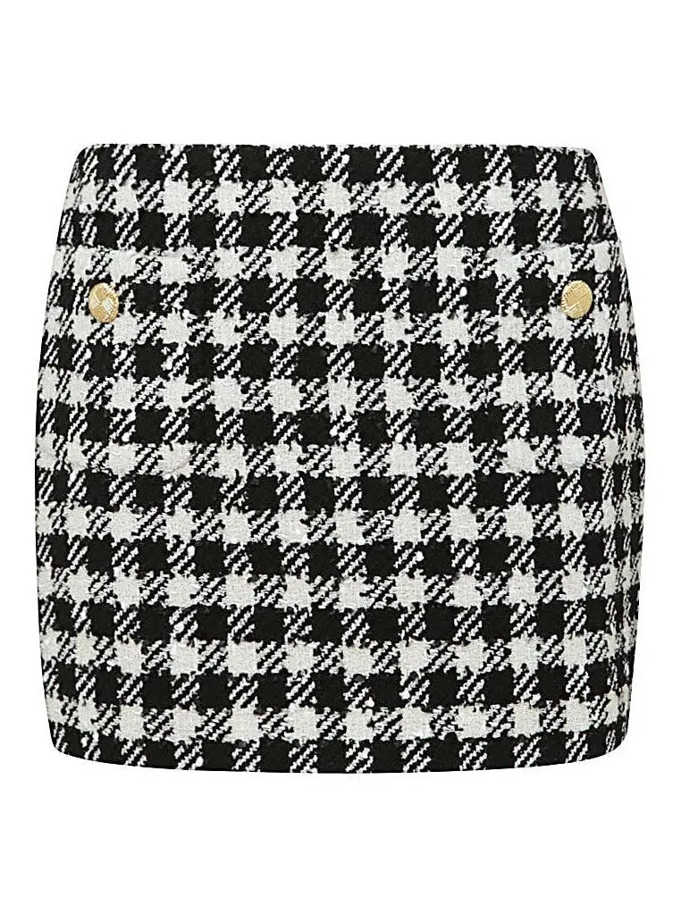 Cropped Houndstooth Tweed Jacket and Mini Skirt Set - Suits & Sets