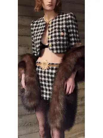 Cropped Houndstooth Tweed Jacket and Mini Skirt Set - Suits & Sets