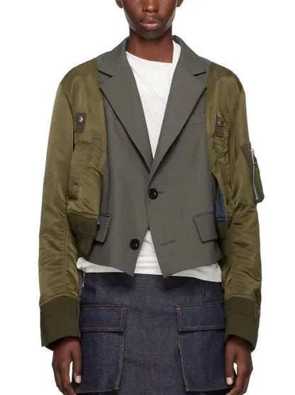 Cropped Hybrid Paneled Jacket in Green - Jackets