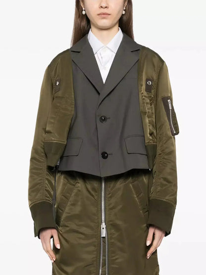 Cropped Hybrid Paneled Jacket in Green - Jackets