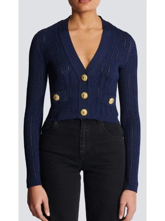 Cropped Knit Cardigan in Navy - Sweaters & Knitwear