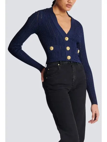 Cropped Knit Cardigan in Navy - Sweaters & Knitwear