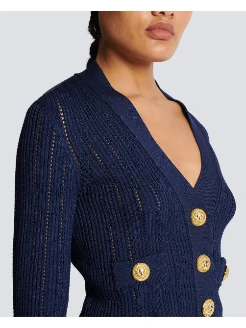 Cropped Knit Cardigan in Navy - Sweaters & Knitwear