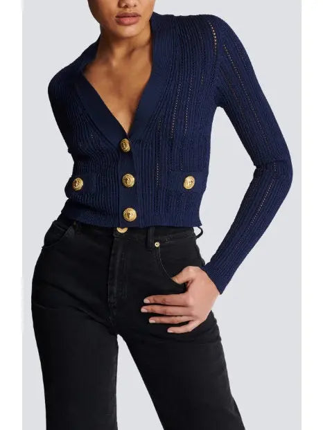 Cropped Knit Cardigan in Navy - Sweaters & Knitwear