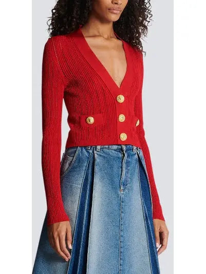 Cropped Knit Cardigan in Red - Sweaters & Knitwear