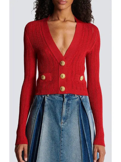 Cropped Knit Cardigan in Red - Sweaters & Knitwear