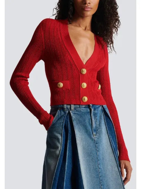 Cropped Knit Cardigan in Red - Sweaters & Knitwear