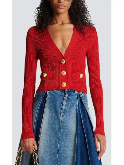 Cropped Knit Cardigan in Red - Sweaters & Knitwear