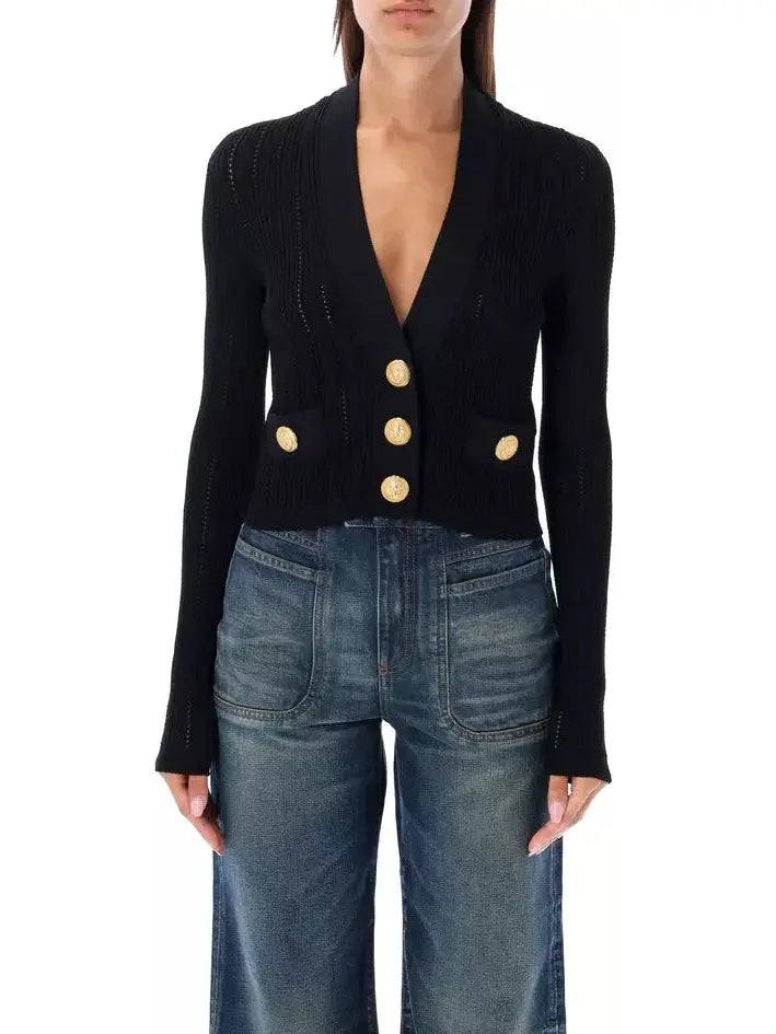 Cropped Knit Cardigan Sweater in Black - Sweaters & Knitwear