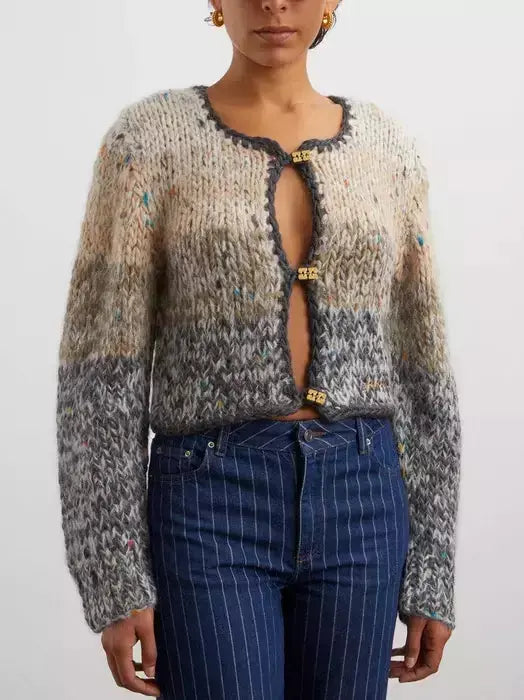 Cropped Knit Cardigan with Gold Toggle Buttons - Sweaters & Knitwear