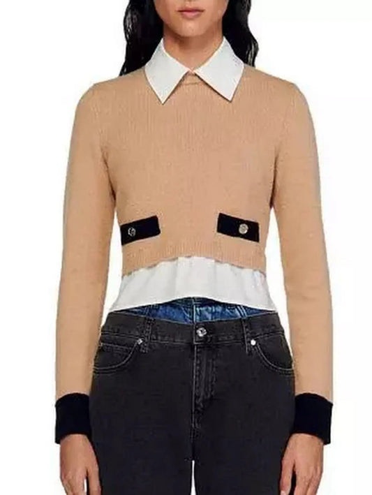 Cropped Knit Layered Sweater with Detachable Collar - Sweaters & Knitwear