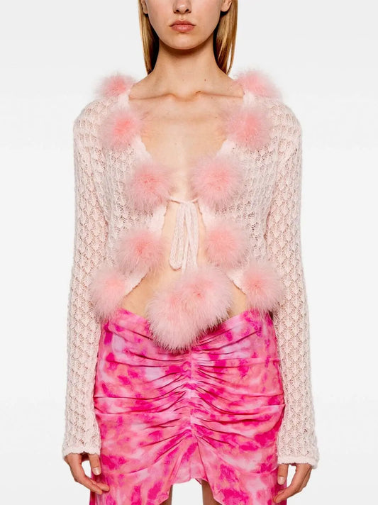 Cropped Knit Pink Pom-Pom Cardigan Sweater - Sweaters & Knitwear