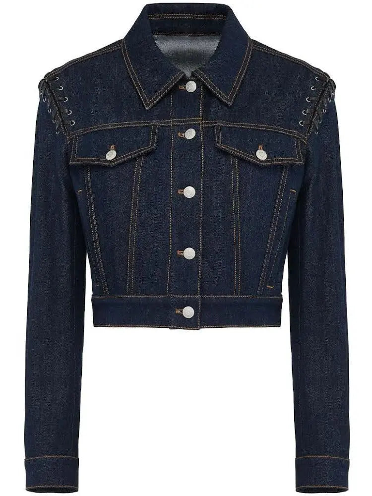 Cropped Lace-Up Denim Jacket - Jackets