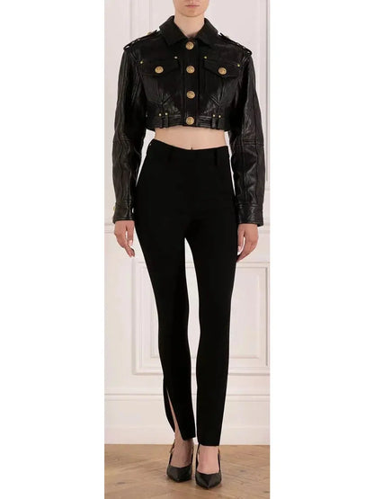 Cropped Leather Jacket with Gold Button Embellishments - Jackets