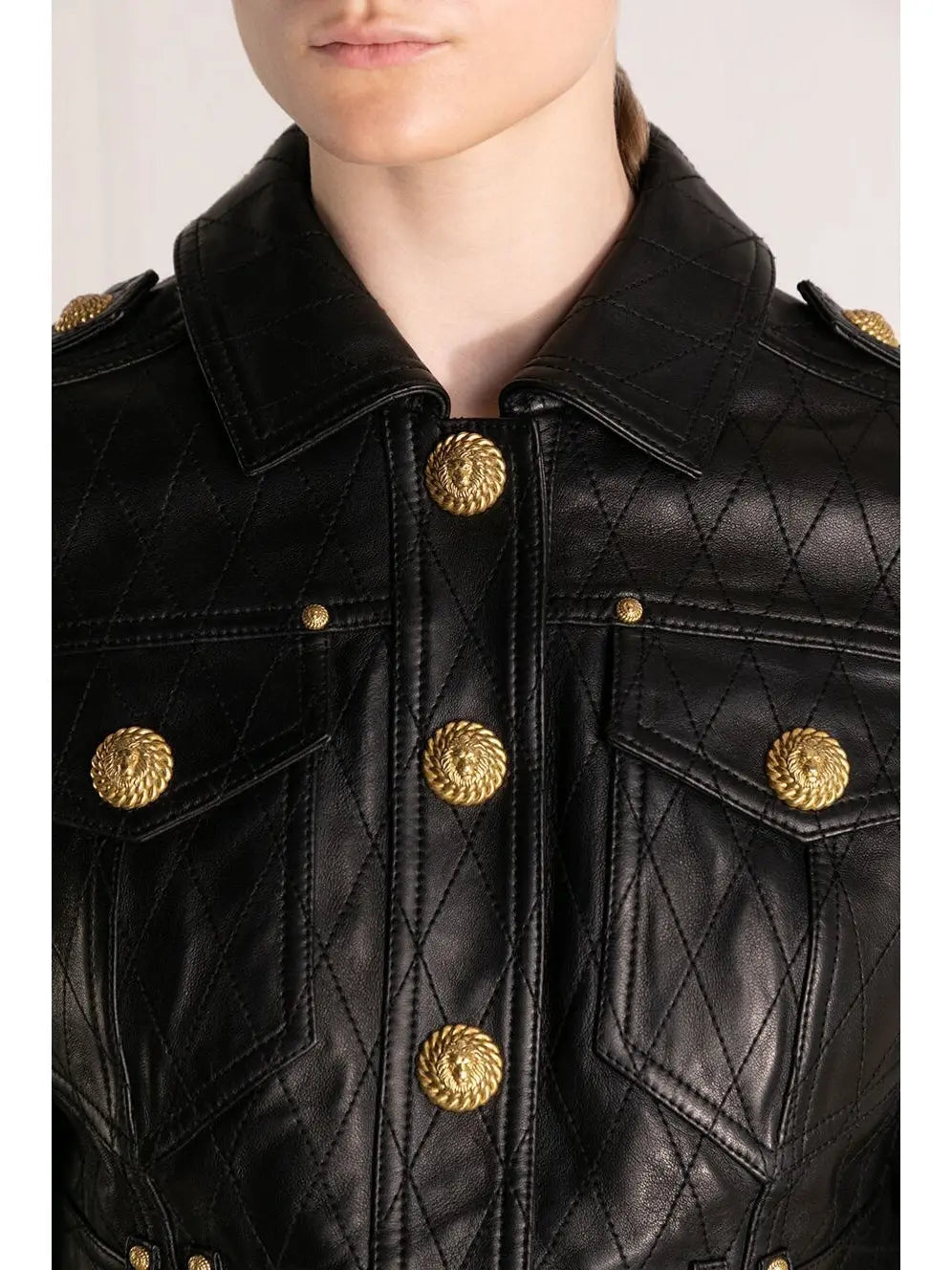 Cropped Leather Jacket with Gold Button Embellishments - Jackets