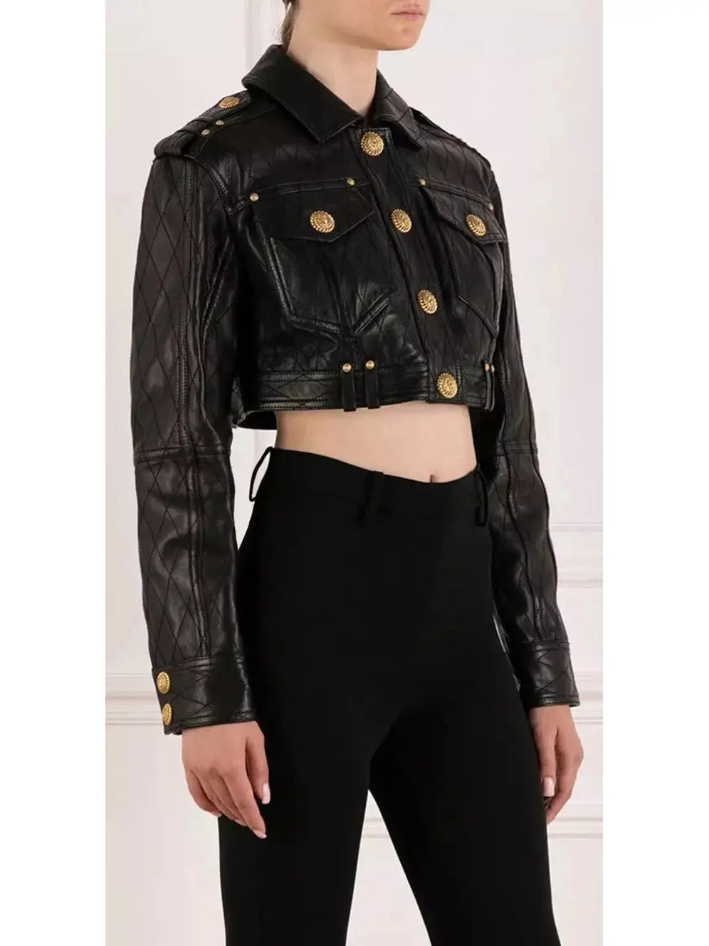 Cropped Leather Jacket with Gold Button Embellishments - Jackets