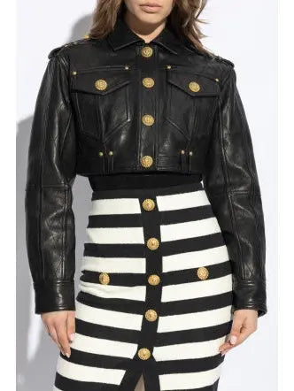 Cropped Leather Jacket with Gold Button Embellishments - Jackets