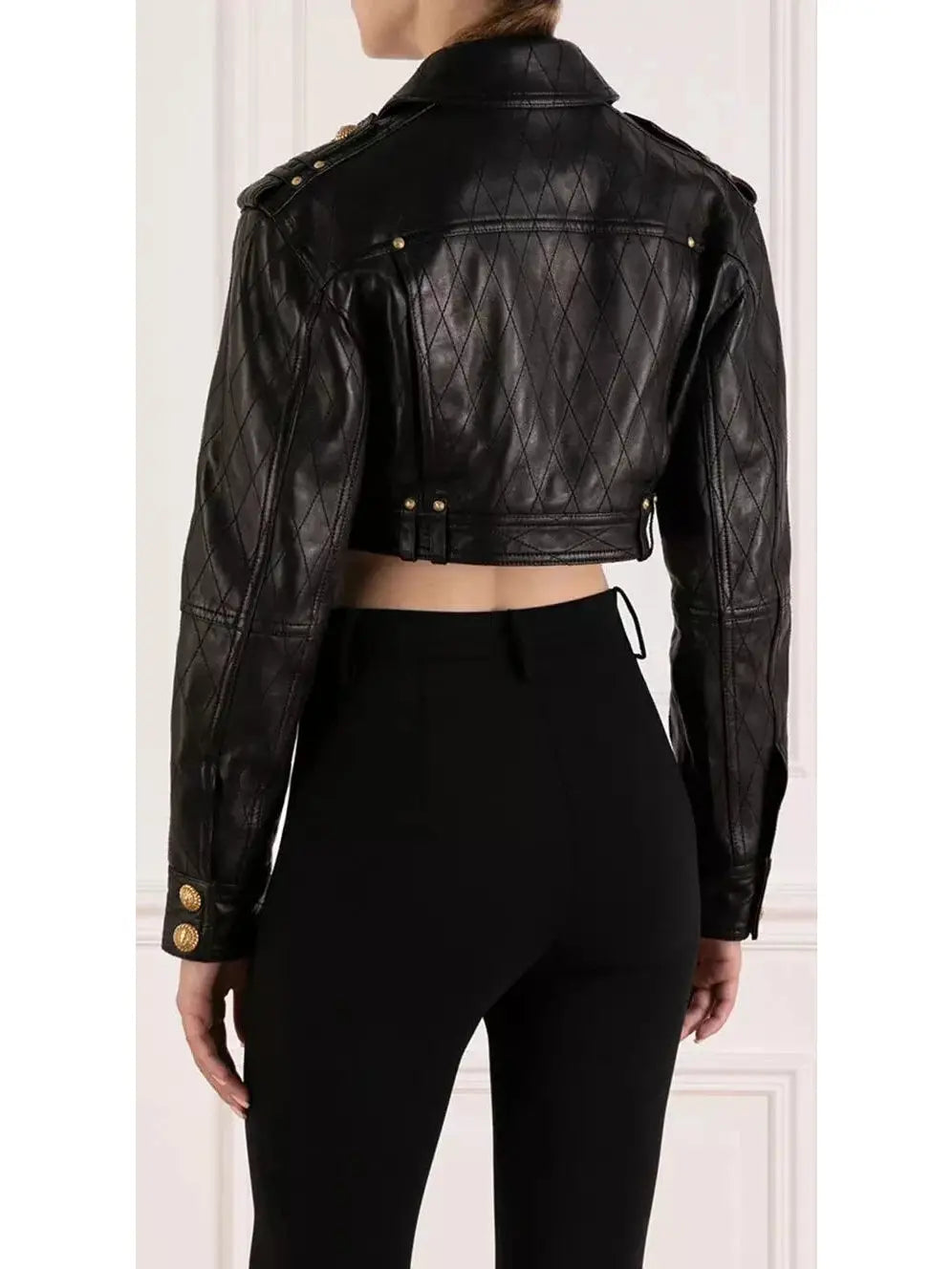 Cropped Leather Jacket with Gold Button Embellishments - Jackets