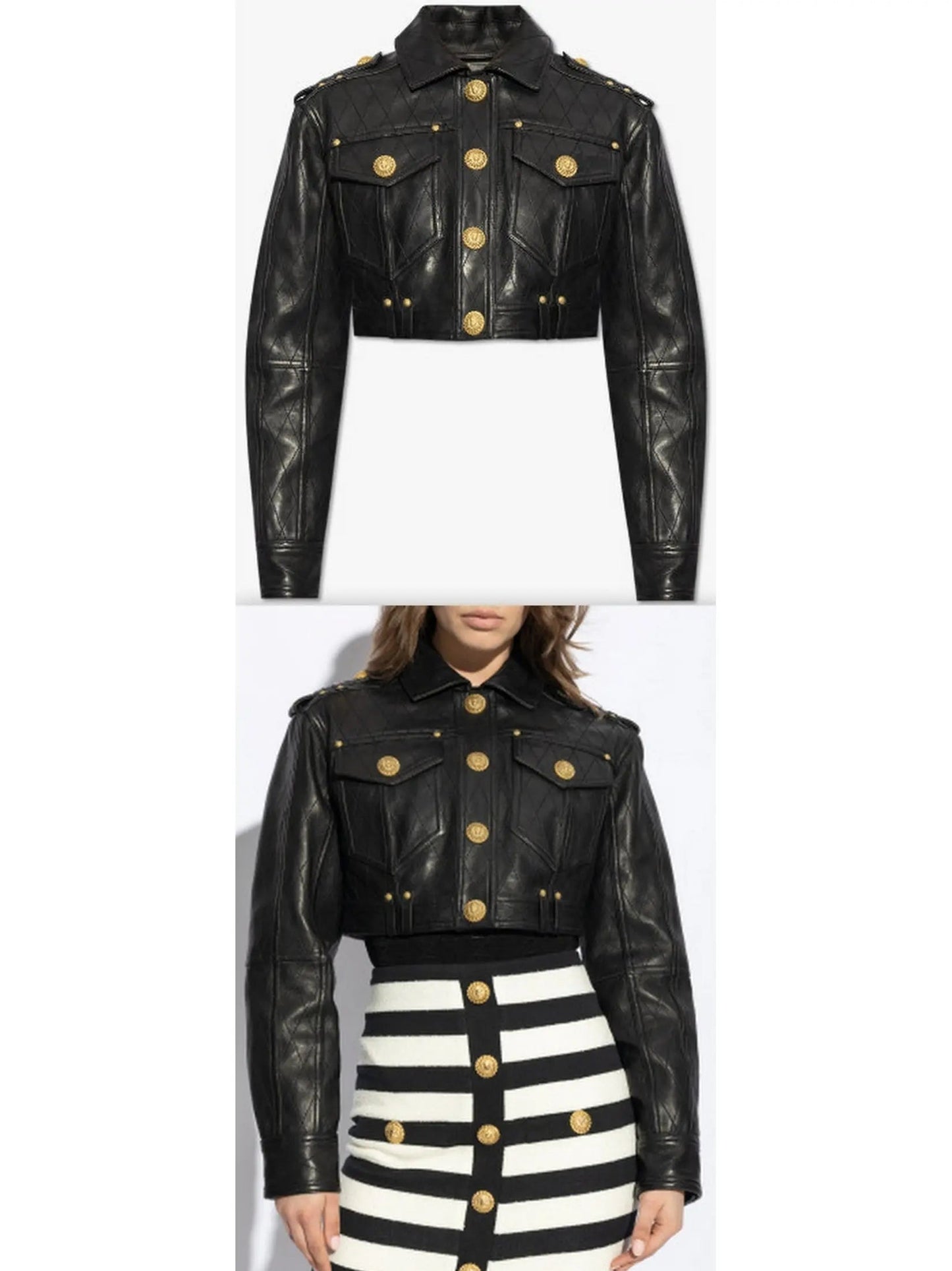 Cropped Leather Jacket with Gold Button Embellishments - Jackets