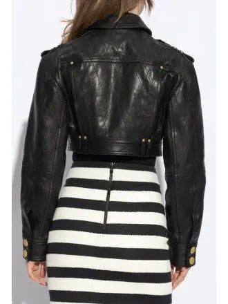 Cropped Leather Jacket with Gold Button Embellishments - Jackets