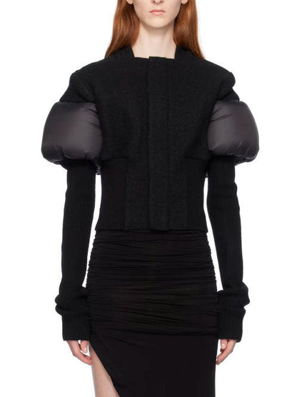 Cropped Padded Paneled Ribbed Knit Jacket in Black - Jackets