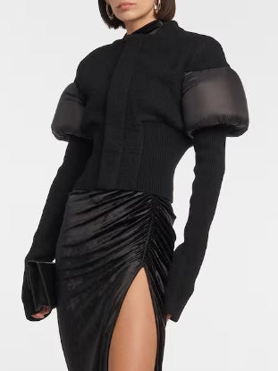 Cropped Padded Paneled Ribbed Knit Jacket in Black - Jackets