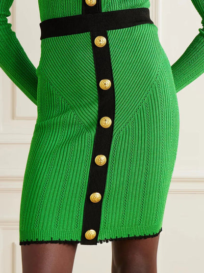 Cropped Ribbed-Knit Cardigan and Skirt Set in Green - Suits & Sets